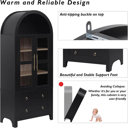 71" Tall Arched Kitchen Pantry with Glass Doors and 2 Large Drawers, Farmhouse Kitchen Storage Cabinet with Adjustable Shelves, Wood Versatile Cupboard for Dining Room (Black-3.12)