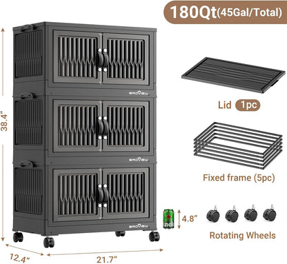 BROVIEW 180Qt Stackable Storage Bins with Lid, Extra Large Closet Organizer Collapsible Drawer Boxes with Wheels, Folding Plastic Cabinet Containers for Home Kitchen Room Organization, 3Pack Black