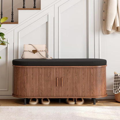 ONBRILL 43" Shoe Bench with Storage, Fluted Shoe Storage Bench with Cushion, Sliding Door and Adjustable Shelf, for Entryway, Hallway, Living Room, Walnut