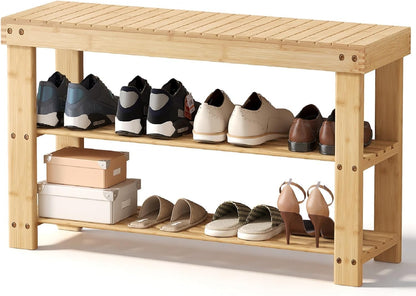 Simple Deluxe Shoe Rack Bench, 3-Tier Bamboo Storage Organizer, 286lb Capacity Entryway Bench for Front Door, Bedroom, Living Room, Bathroom, Balcony, Stylish Shoes Wood (11.3 x 35.4 x 17.8 Inches)