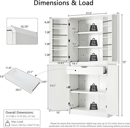 72" Tall Farmhouse Pantry Cabinet with Curved Design - Kitchen Storage Cabinet with 8 Door Shelves, 3 Adjustable Shelves & 1 Hidden Drawer, Versatile for Kitchen & Dining Room, White