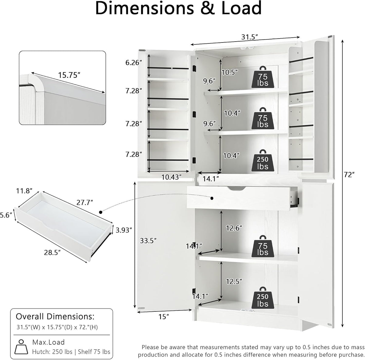 72" Tall Farmhouse Kitchen Pantry Cabinet with 8 Door Shelves, Curved Design Storage Cabinet with 3 Adjustable Shelves, Hidden Drawer, Versatile Cupboard for Kitchen, Dining & Bathroom, White