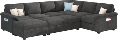 Jocisland 105" Sofa Bed, Sectional Sleeper Sofa with Pull Out Bed/Reclining Backrest, Sleeper Couch Bed with Storage, 6 Seater Couch Bed for Living Room, Chenille Dark Gray