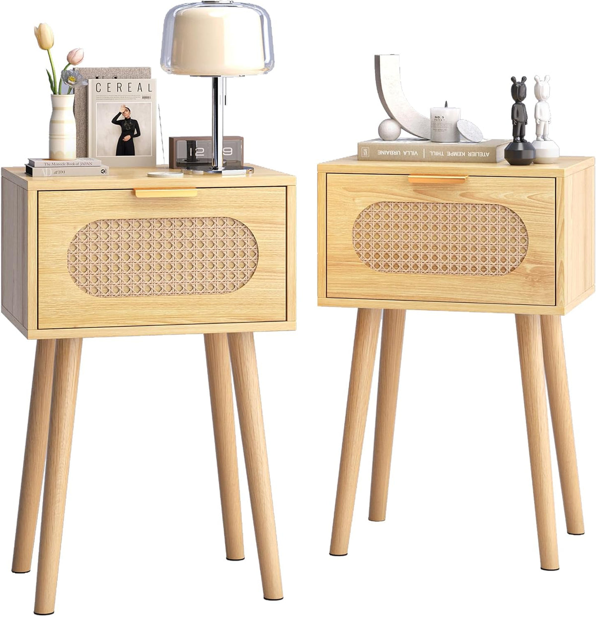 Nightstands Set of 2, Bedside Table with Rattan Door, Boho End Table with Solid Wood Legs for Bedroom, Living Room, Small Space Nightstands, Natural Color, HNS001N