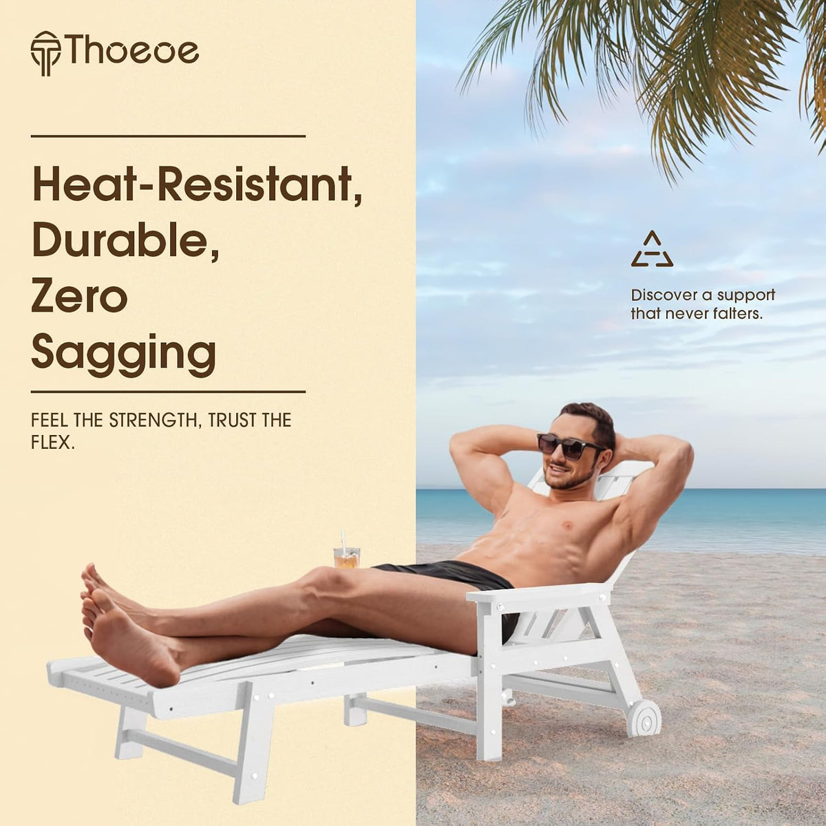 THOEOE Patio Chaise Lounge Chair,HDPE Lounge Chair Outdoor with Wheels | Oversized pool lounge chairs with cup holder, 5 adjustable position for patio,outside,pool,deck