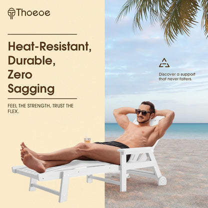 THOEOE Patio Chaise Lounge Chair,HDPE Lounge Chair Outdoor with Wheels | Oversized pool lounge chairs with cup holder, 5 adjustable position for patio,outside,pool,deck