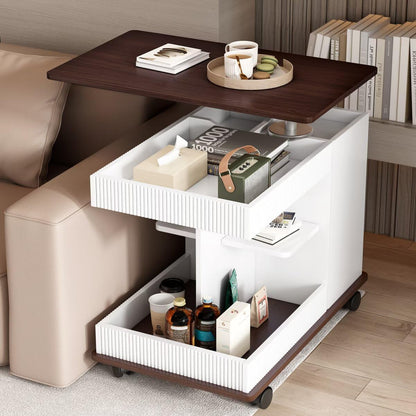 29.5" Adjustable End Table with Wheels, Modern Multifunctional Sofa Side Table with Lift-Top, 360°Rotating Top and Storage Space for Living Room, Small Space, Brown+White