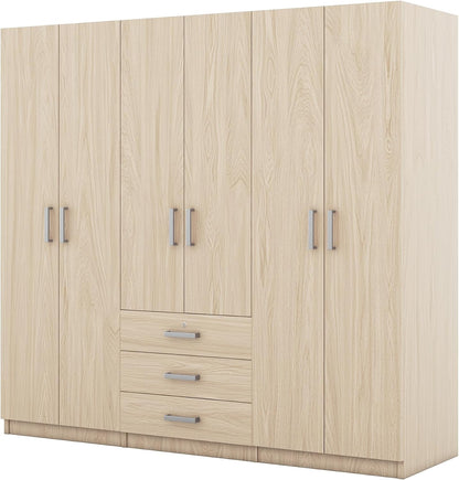Merax Large 6 Doors Wooden Wardrobe, Bedroom Tall Armoire Closet Organizer with Big Drawers, Hanging Rails and Shelves, Clothes Storage Cabinet for Garage & Laundry Room, Natural