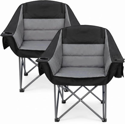 Oversized Heavy Duty Camping Chair for Adults, 500 lbs Capacity Padded Folding Chair with Side Cooler Bag, Cup Holder & Storage Pockets, Portable Lawn Chair for Fishing, Beach, Picnic & Sports-2PCS