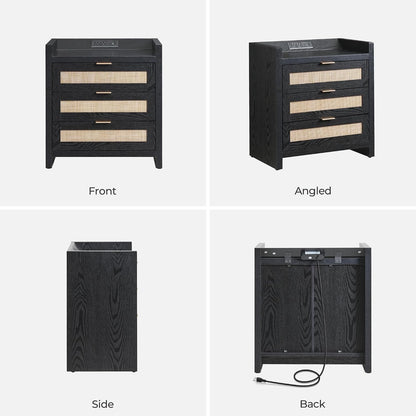 SICOTAS Nightstands Set of 2 : Rattan Tall Bedside Table with 3 Drawers | Farmhouse Boho Night Stand with Type-C Charging Station, Storage, Larger End Table Side Table for Bedroom Office