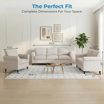 Mjkone 3 Pieces Living Room Sofa Set, Modern Sectional Sofa Couch and Loveseat & Armchair Set, Gourd Shape Wood Legs & Linen Fabric & Nailhead Trim Design Sofas Couches for Living Room, Beige