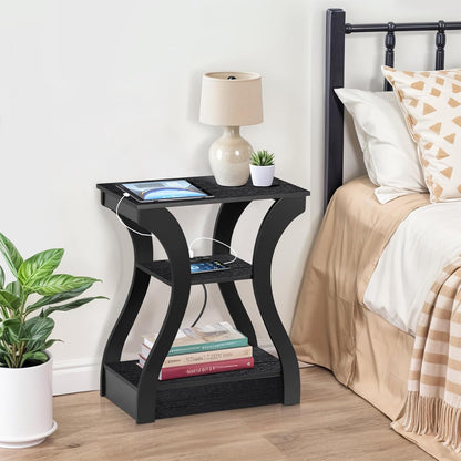 ZENY End Tables Set of 2 with Charging Station, Side Table with USB Ports and Outlets, 3 Tier Nightstand with Storage Shelf for Living Room, Bedroom, Black