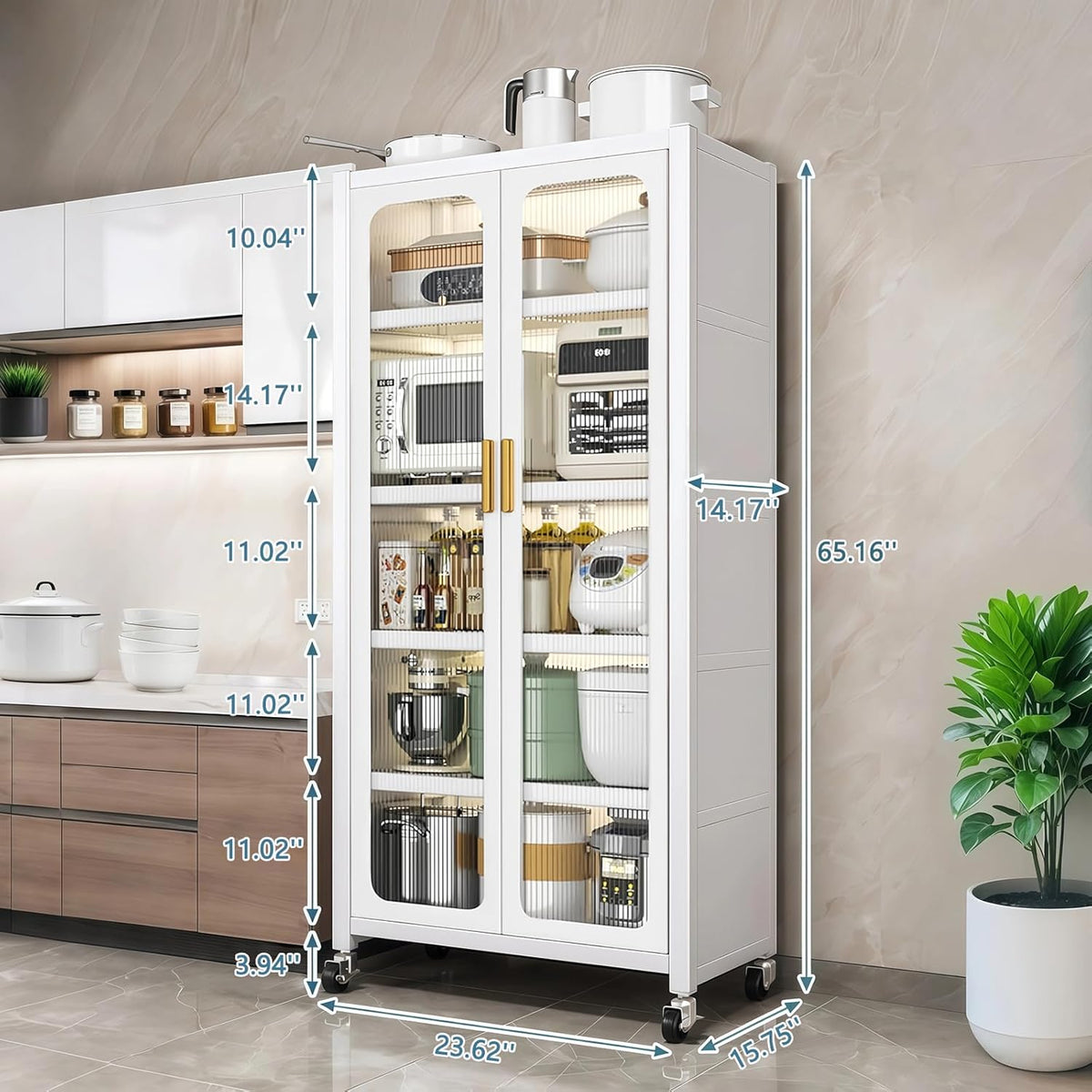 65" Tall Freestanding Kitchen Pantry Cabinet, 6-Tier Metal Food Pantry Storage Cabinet with Transparent Door, Adjustable Shelves and Rolling Wheels,Display Cabinet for Kitchen, Living Room,White