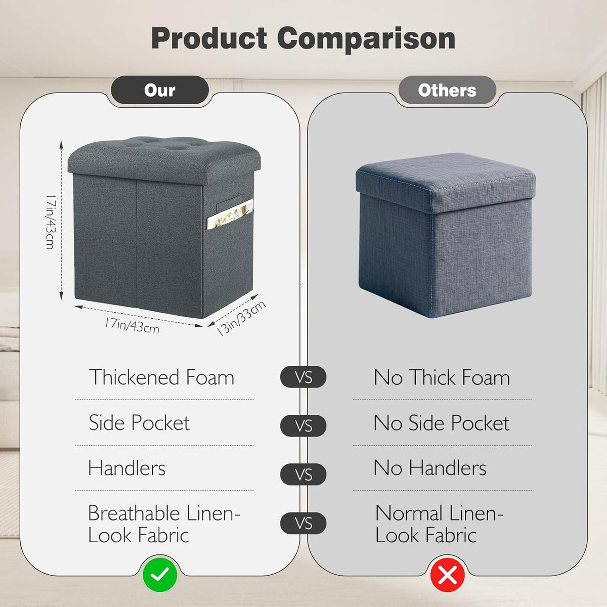 Storage Ottoman, Foot Rest Stool with Thicker Foam Padded Seat. 61L Slim Tall Foldable Linen Footstool Storage Bench Small Ottoman for Living Room, Bedroom. 350lbs Load Capacity, 17x13x17in, Dark Gray