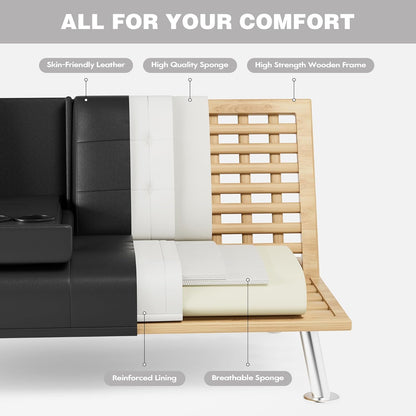 JUMMICO Faux Leather Futon Sofa Bed Futon Couch with Removable Armrests Adjustable Sleeper Sofa Bed with 2 Cup Holders for Living Room (PU Leather, Black)