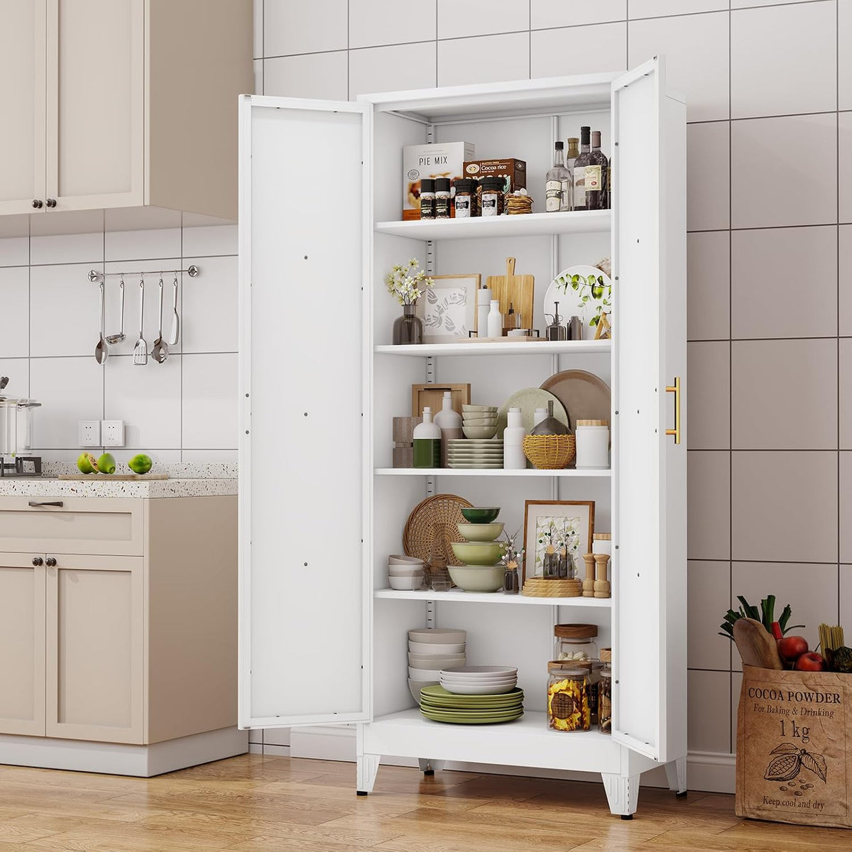 71" H Metal Kitchen Pantry Storage Cabinet, Freestanding Cupboard with 2 Doors and 4 Adjustable Shelves, Standing Storage for Kitchen, Bathroom, Garage, Dinning Room or Utility Room（White）
