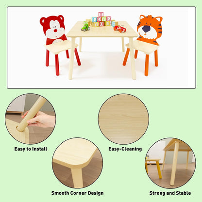 3 Pieces Toddler Table and Chair Set, Tiger & Bear Pattern Solid Wood Legs Heavy Duty Boys and Girls Activity Play Table and 2 Chairs Furniture for Playroom Daycare Kindergarten