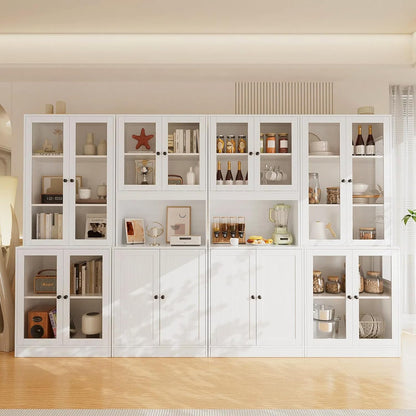 TUSY VOWNER 71'' Tall Pantry Cabinet, Kitchen Hutch Storage Cabinet, Buffet Hutch, China Cabinet with Glass Doors, 5-Tier Storage Cabinets for Dining Room, Kitchen, Living Room (White)