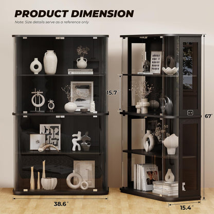 BROTTAR Large Rounded Display Cabinet with Glass Door & Lights, Black