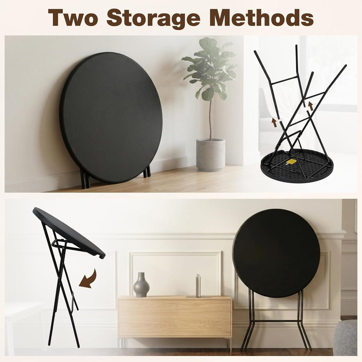 32" Round Folding Table, Portable Bar Height Folding Table with Detachable Legs, Round Foldable Table with HDPE Top for Standing Parties, Balcony, Event, Indoor Outdoor Use (Black, 2 Pack)