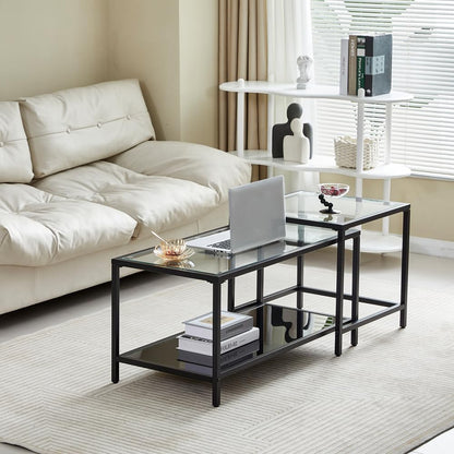 Coffee Table Nesting Set of 2, Center Coffee Table Set with Tempered Glass, Modern Side Tables for Living Room, Bedroom, Office and Nightstand, Black