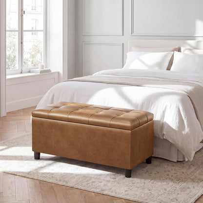 Asense Storage Ottoman Bench,Faux Leather Upholstered Ottoman with Storage,End of Bed Bench with Safety Hinge,for Entryway,Bedroom,Living Room