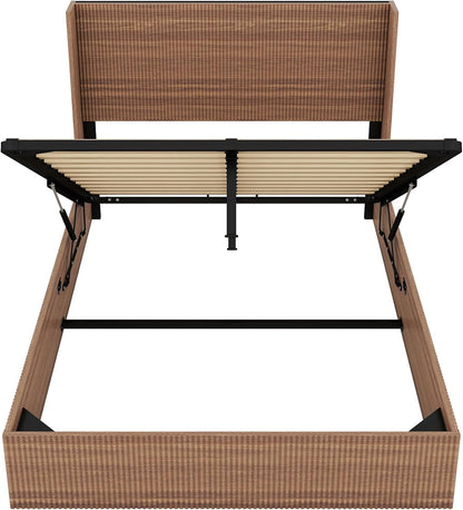 Lift Up Storage Bed Queen Size, Queen Bed Frame with Headboard and Lift Storage System, Wood Headboard with Wing-Back and Convex Groove Board Design