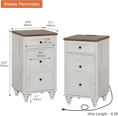 WAMPAT Set of 2 End Table with Charging Station, Wood Nightstands with Drawer and Storage Cabinet, Modern Side Tables Living Room, Farmhouse Night Stands Bedside Table for Bedroom, Rustic White