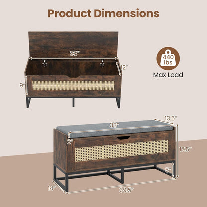 Giantex Rattan Shoe Bench, Flip-Top Entryway Bench with Removable Padded Seat & Hidden Storage, Wooden Shoe Storage Chest with Metal Legs for Bedroom, Hallway, 440 lbs Max Load (Rustic Brown & Black)