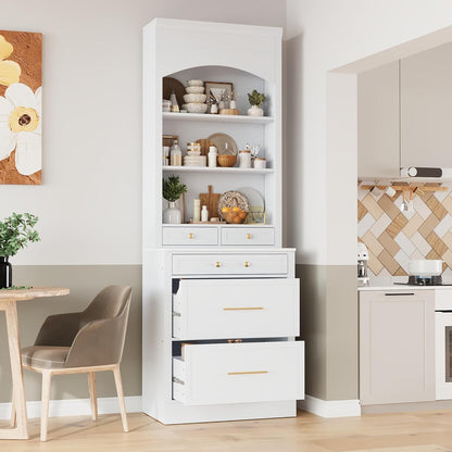 83.7" Tall Kitchen Pantry Cabinet, Freestanding Kitchen Hutch with Faux Marble Top, Pantry Storage Cabinet with 5 Drawers & Adjustable Shelf, Modern Farmhouse Cupboard for Dining Room, White