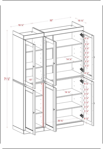 Palace Imports 100% Solid 2-Drawer Pantry, 3 Glass & 3 Wood Doors, Gray, 48.5" w, Renewable Eco-Friendly Wood, Made in Brazil