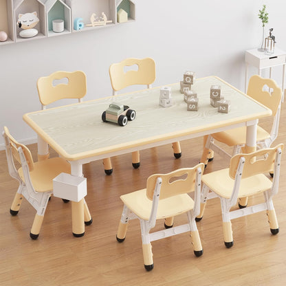 Kids Table and 6 Chairs Set, Adjustable Study Activity Table Ages 2-10