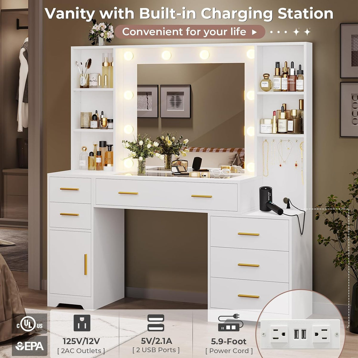 Hasuit 48.8'' Large Vanity Desk with Lighted Mirror & Power Outlet, White Makeup Vanity Table with 6 Drawers, 4 Shelves and 1 Storage Cabinet, Glass Tabletop Bedroom Dressing Table, 3 Lighting Modes