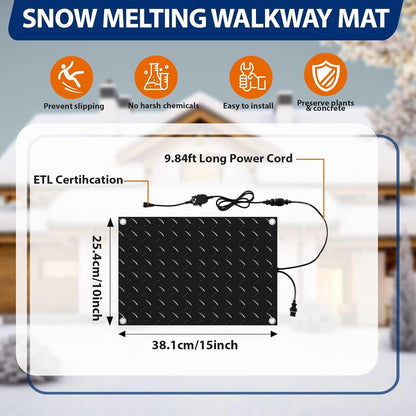 Riakrum 4 Pcs Heated Snow Melting Mats Outdoor, 10 x 15 in Winter Anti-Slip Heated Rubber Mat for Walkways Decks and Sidewalks, Snow and Ice Melting Pads Connection with 9.84 ft Power Cord