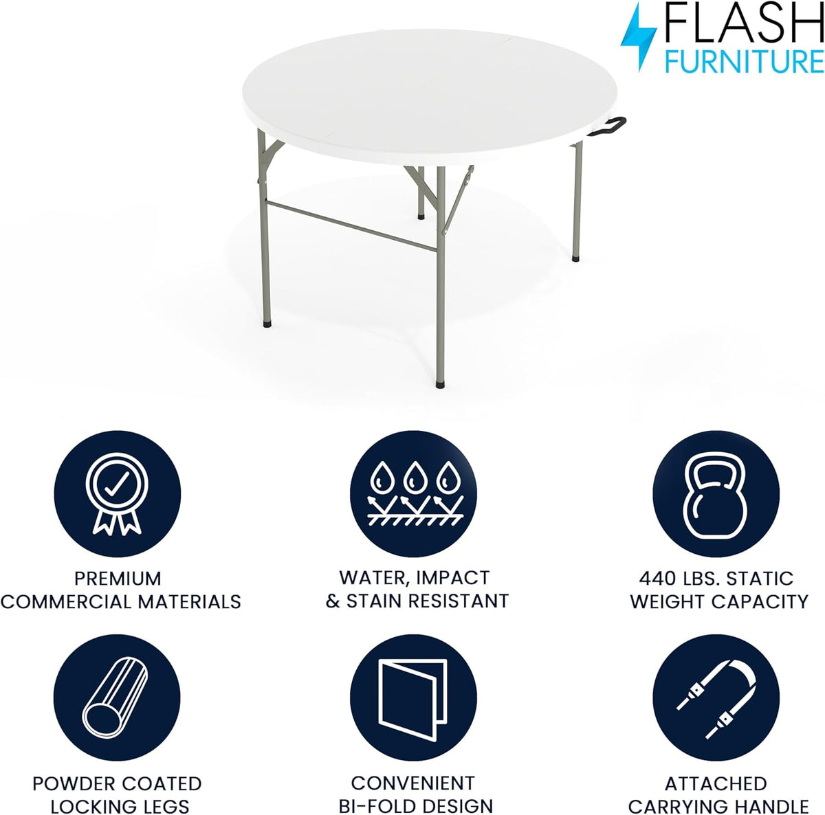 Flash Furniture 4-Foot Round Bi-Fold Granite White Plastic Folding Table | Lightweight, Easy Storage, Commercial Grade, Carrying Handle