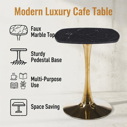 24 Inch Square Tulip Bistro Table for 2-4, Small Dining Table with Gold Metal Pedestal Base, Black Faux Marble Top Kitchen Table, Modern Square Cafe Table for Apartment Living Room Office Small Space
