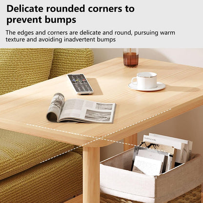 2-Tier End Table with Wheels, Compact MDF Wooden Bedside Nightstand Simple Side Table 150Lbs Narrow End Tables for Small Spaces Bedroom Living Room Entryway Wooden Color