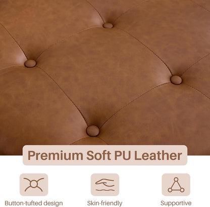31.5 Inch Large Round Storage Ottoman with Wood Shelf Multifunctional Coffee Table Ottoman Round Storage Bench with Bottom Open Shelf for Living Room Bedroom Entryway Brown PU Leather