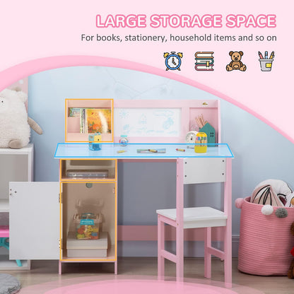 Toddler Table and Chair Set with Whiteboard and Storage Cabinet, Pink | Kids Writing Desk and Homework Table for Drawing, Learning, and Playroom Activities