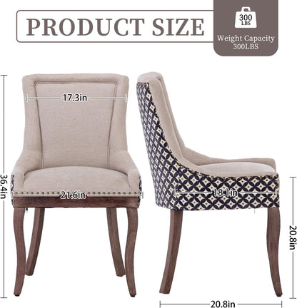 Beige Pattern Upholstered Dining Chairs Set of 4, Farmhouse Kitchen Chairs | Nailhead trim; solid wood legs; breathable fabric; high back; easy assembly; heavy duty dining chairs 400 lb capacity