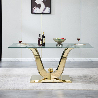 70" Modern Glass Dining Table for 6-8, Luxury Gold Glass Dining Room Table with Mirrored Floral-Shape Stainless Steel Base, Rectangle Kitchen Dinner Tables for Dining Room Kitchen