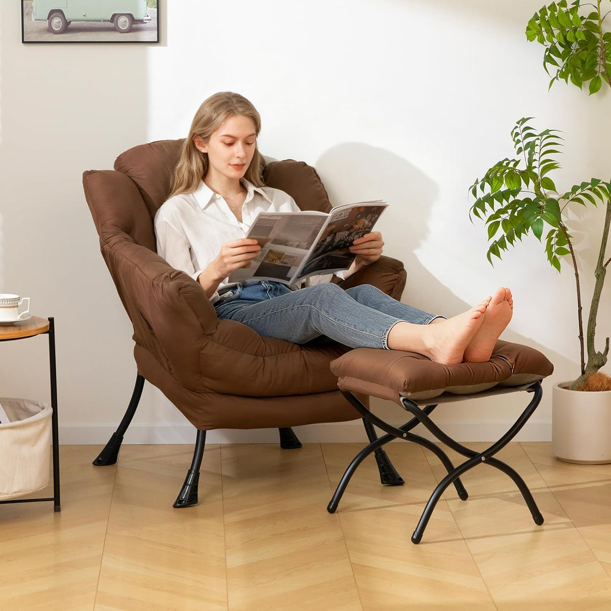 HollyHOME Lazy Chair with Foldable Ottoman, Accent Comfy Lounge Armchair and Folding Footrest Stool, Leisure Sofa Reading Chair and Footstool for Living Room, Bedroom, Dorm,Coffee Brown