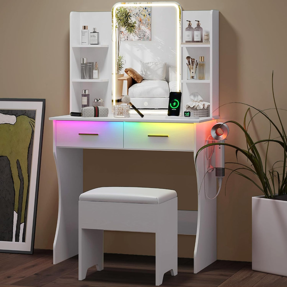 Small Vanity Desk with Mirror and Lights, Makeup Vanity with LED Lights, White Vanity Mirror with Lighted Desk and Chair, 3 Lighting Adjustable Compact Dressing Table with Mirror for Women, Girls