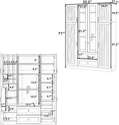 VilroCaz Wood Large Kitchen Pantry with 6 Doors, 53.2''Lx17.7''W Storage Cabinet Cupboard with Drawers, Adjustable Shelves, Pull-Out Trays and Wine Rack for Dining Room (Blue-4.19)