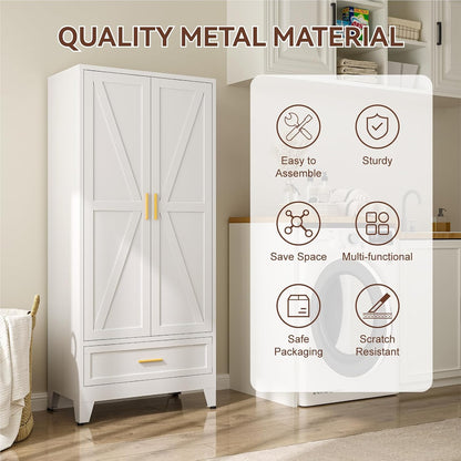 Metal Wardrobe Closet Hanging Rod 71" Tall, Heavy Duty Steel Armoire Wardrobe Cabinet, Clothing Storage Cabinet for Bedroom, Office, Laundry Room, 1 Drawer, White