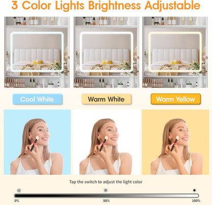 Make Up Vanity Desk with Mirror and Lights,Small Vanity With Storage Chair | White Vanity Table Set with Charger Station