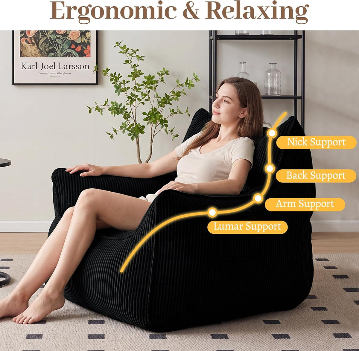 Vipbear Bean Bag Chair for Adults, Chair with Memory Foam | 35.5" Corduroy Beanbag Washable, Cozy Fluffy Chair with Pocket & Handle, Ergonomic Bedroom Sofa Chair for Gaming, Reading