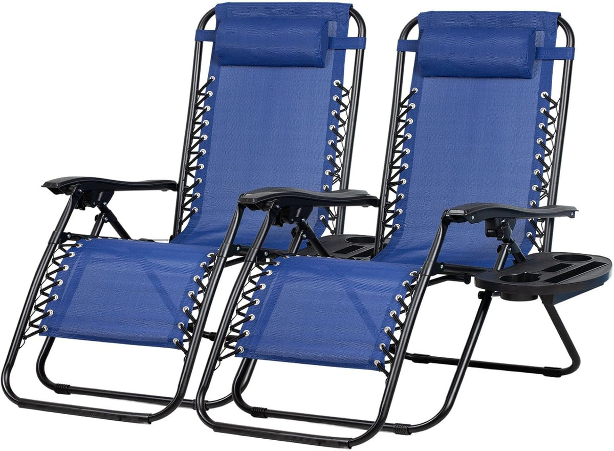 Nazhura Set of 2 Relaxing Recliners Patio Chairs Adjustable Steel Mesh Zero Gravity Lounge Chair Beach Chairs with Pillow and Cup Holder (Blue)