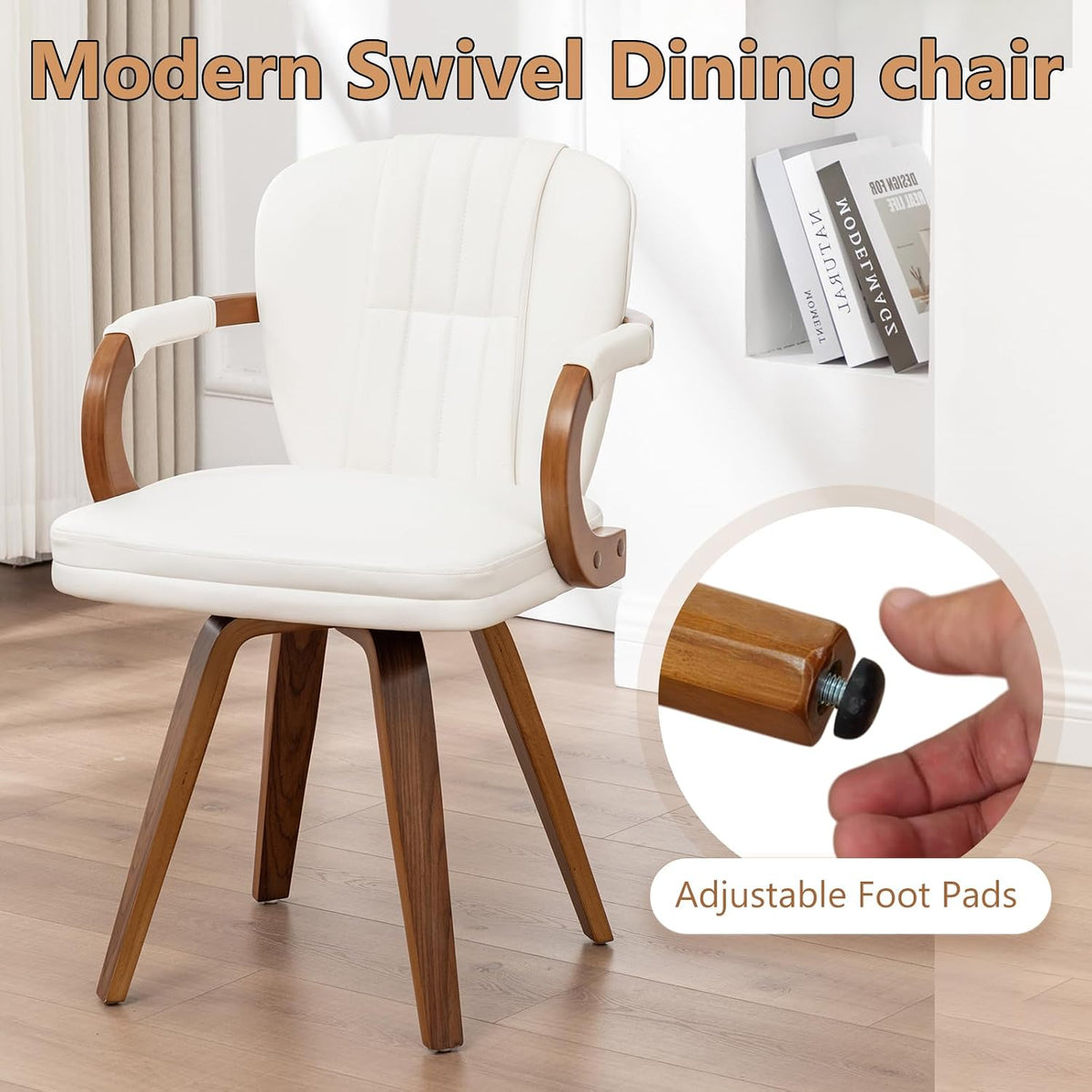 Swivel Dining Chairs Set of 2 Mid Century Modern White Faux Leather Upholstered Kitchen Chairs with Bentwood Frame Armrests Side Chairs,Comfortable Ergonomic Wood Accent Chair No Wheels