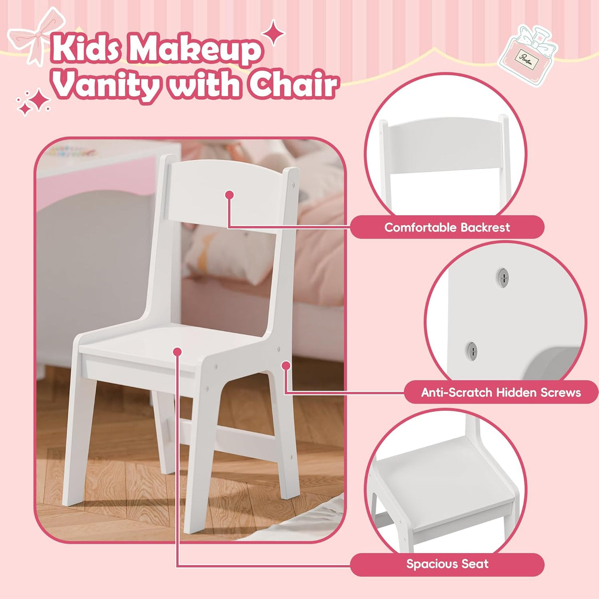 MU Kids Vanity with Lights, Princess Makeup Vanity Table and Chair Set for Girls, Toddler Vanity Desk with Open Bookshelf, Storage Cabinet & Shelves, Stools, White